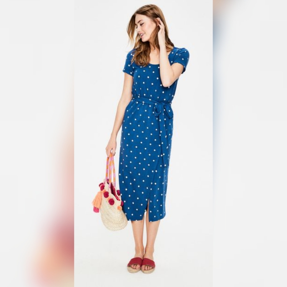 Boden Hallie Jersey Dress Blue & White Polka Dot
